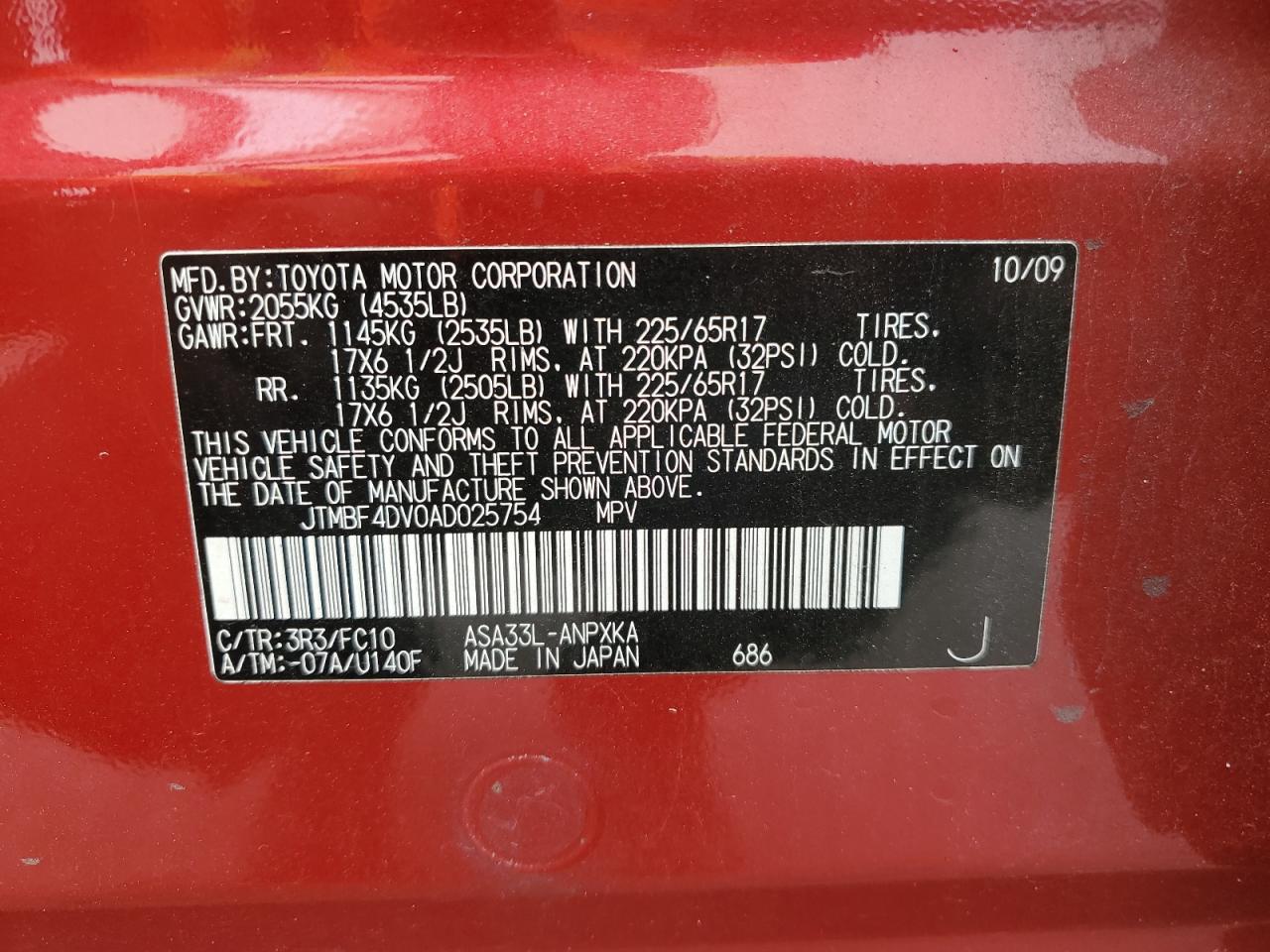 JTMBF4DV0AD025754 2010 Toyota Rav4