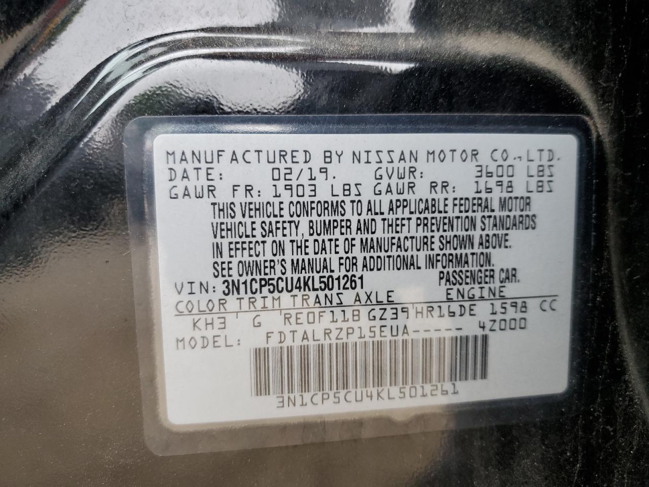 3N1CP5CU4KL501261 2019 Nissan Kicks S