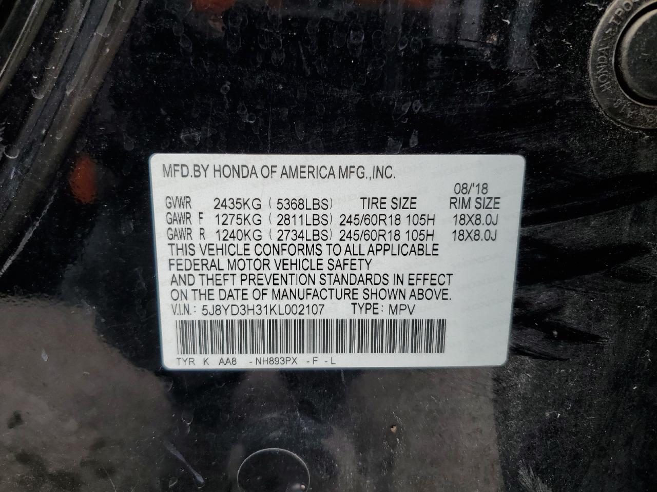 5J8YD3H31KL002107 2019 Acura Mdx