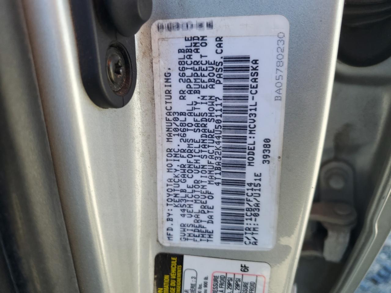 4T1BA32K44U501117 2004 Toyota Camry Se