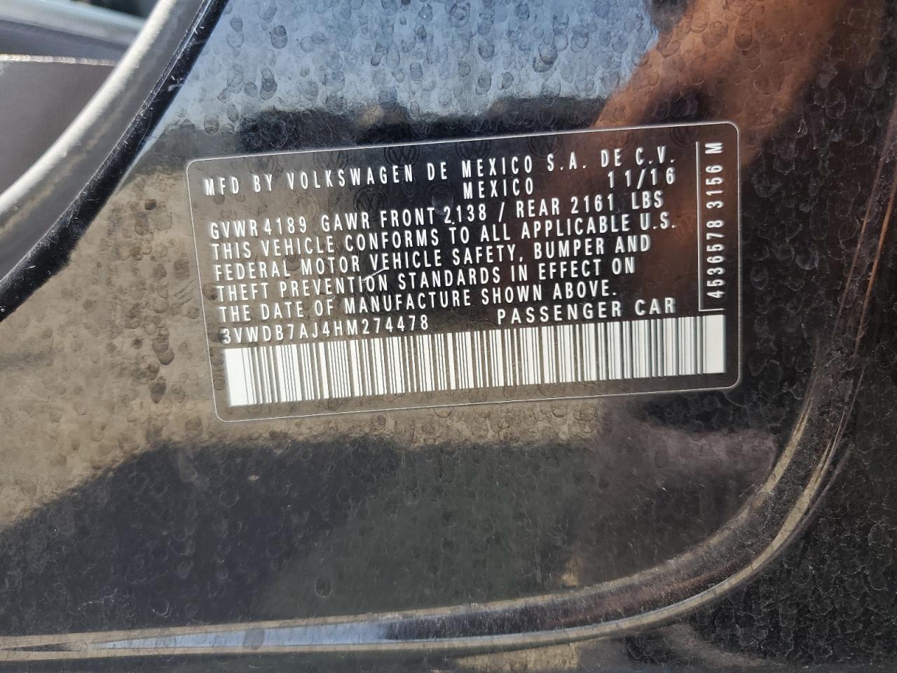 3VWDB7AJ4HM274478 2017 Volkswagen Jetta Se