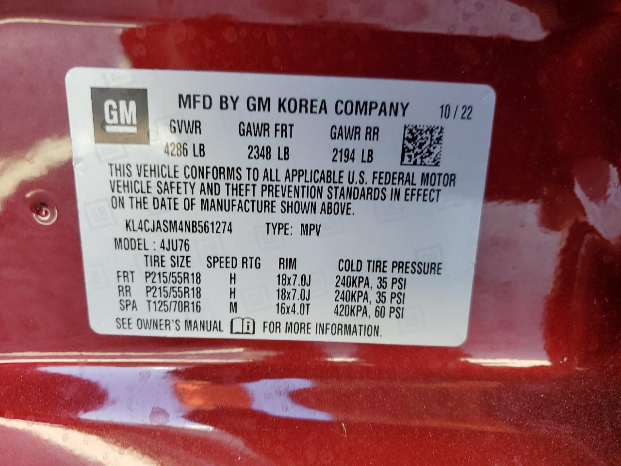 KL4CJASM4NB561274 2022 Buick Encore Preferred