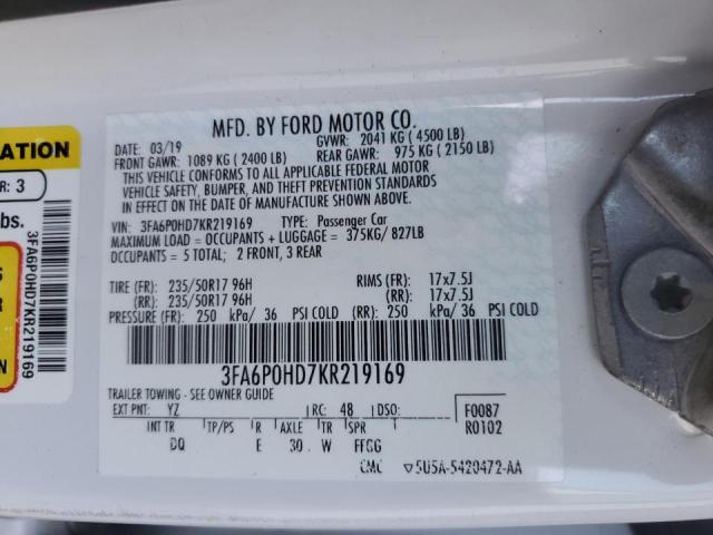 2019 Ford Fusion Se VIN: 3FA6P0HD7KR219169 Lot: 53962164