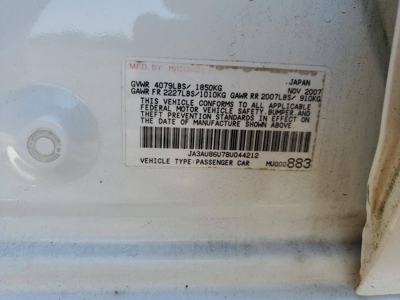 JA3AU86U78U044212 2008 Mitsubishi Lancer Gts