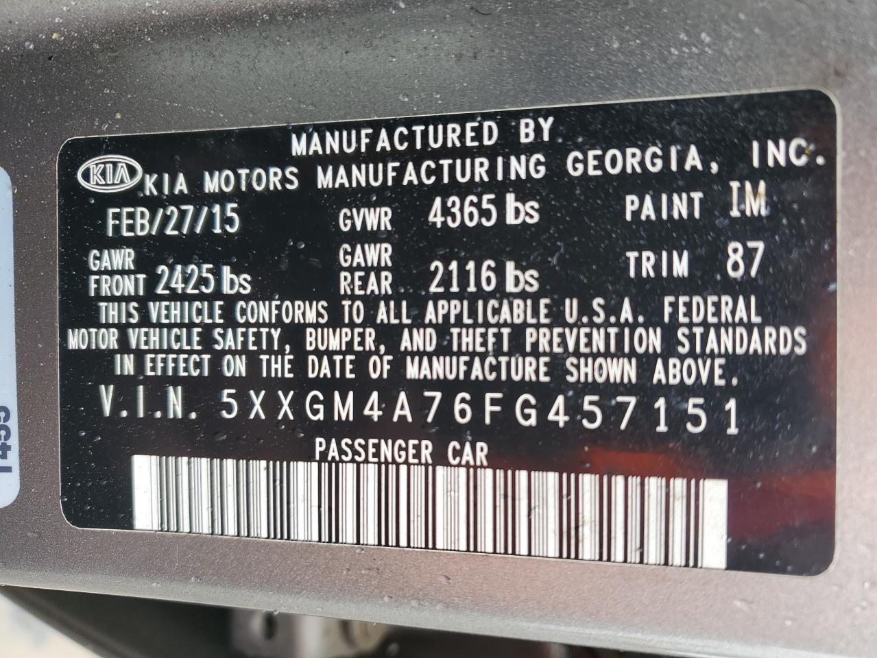 5XXGM4A76FG457151 2015 Kia Optima Lx