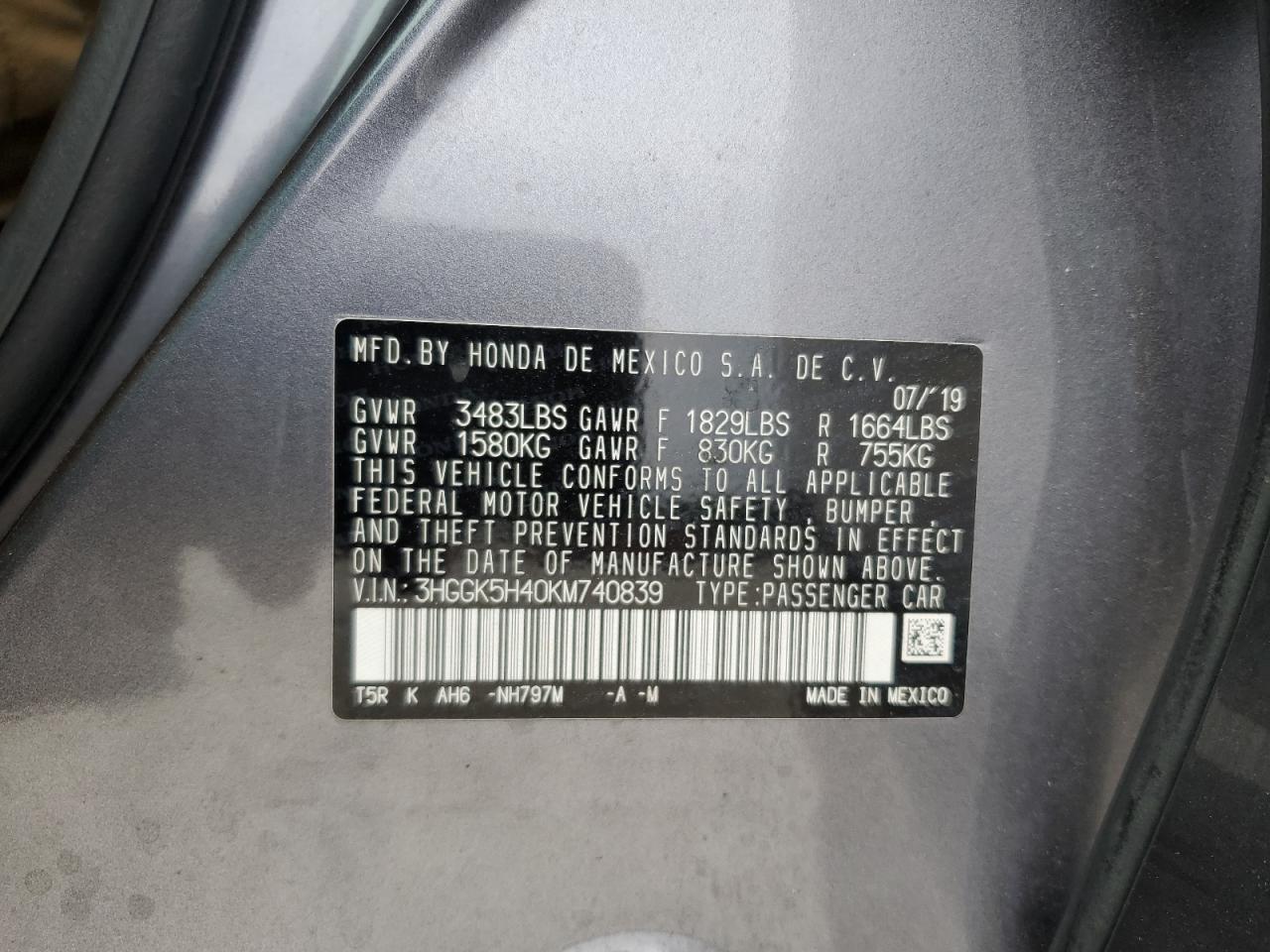 3HGGK5H40KM740839 2019 Honda Fit Lx