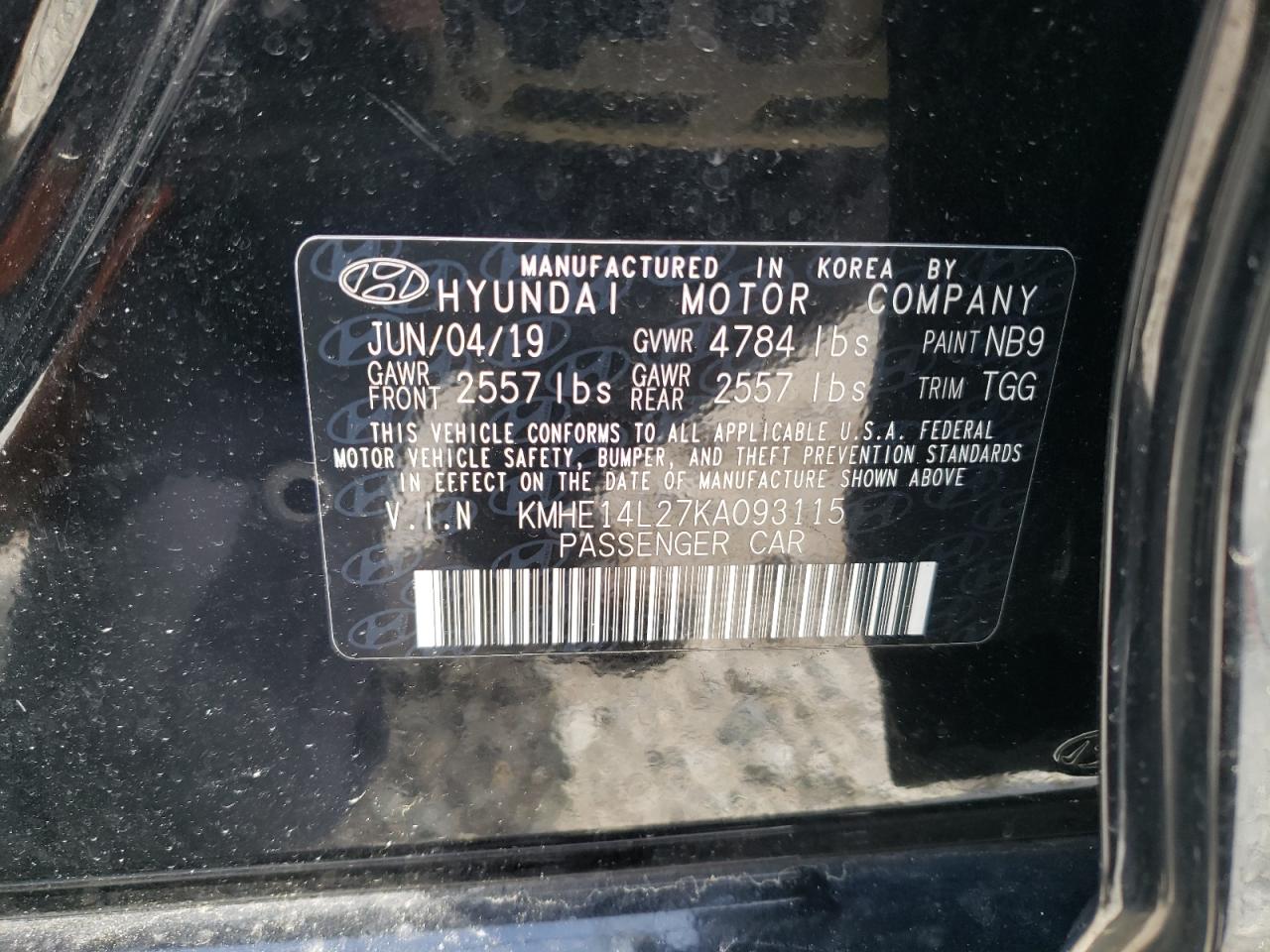 KMHE14L27KA093115 2019 Hyundai Sonata Plug-In Hybrid