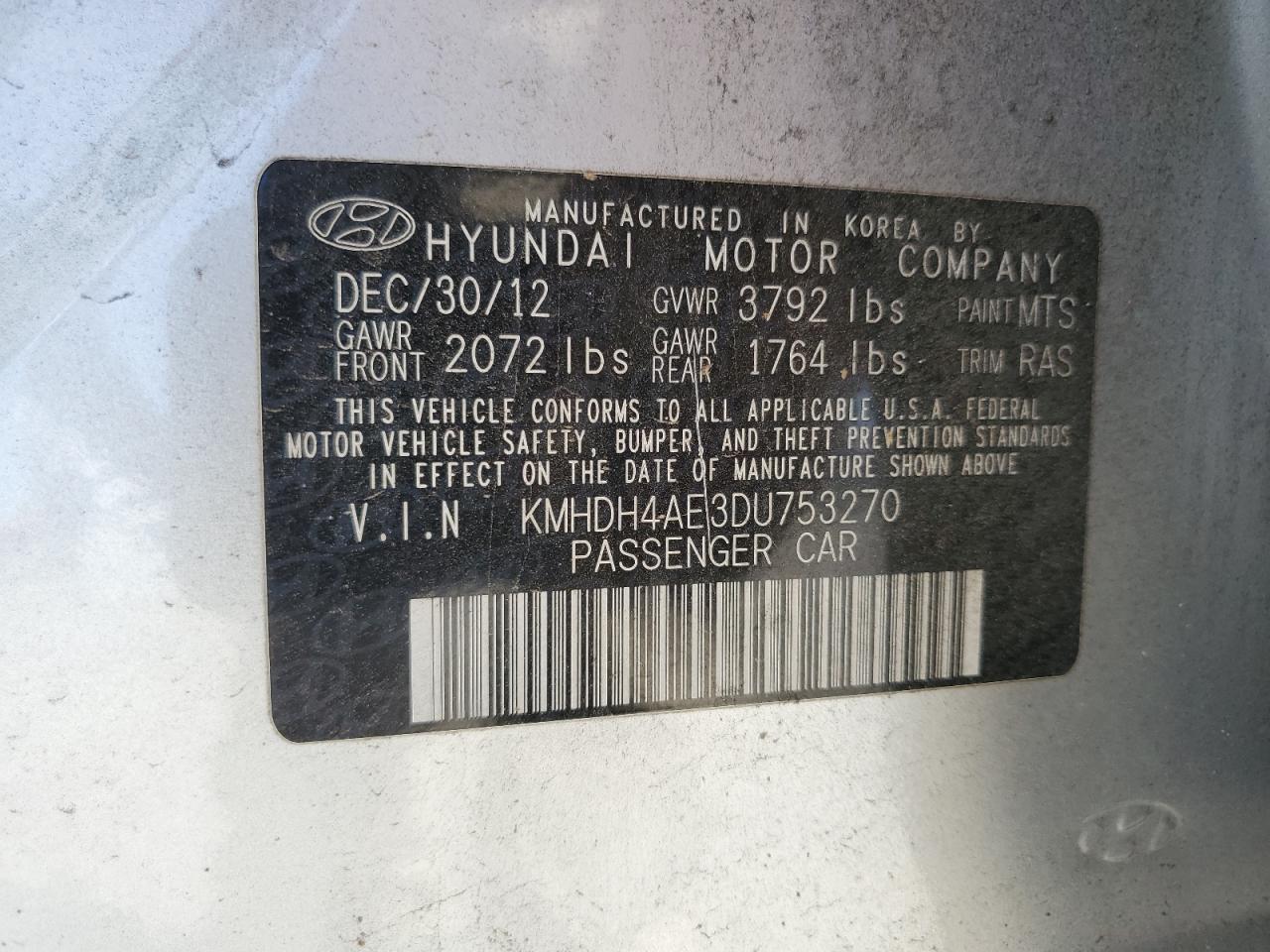 KMHDH4AE3DU753270 2013 Hyundai Elantra Gls