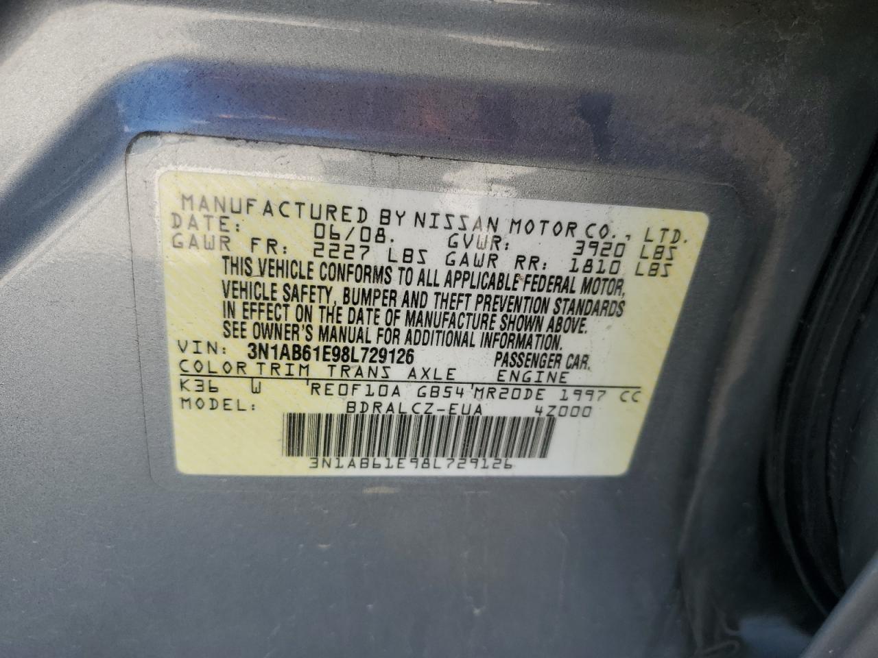 3N1AB61E98L729126 2008 Nissan Sentra 2.0