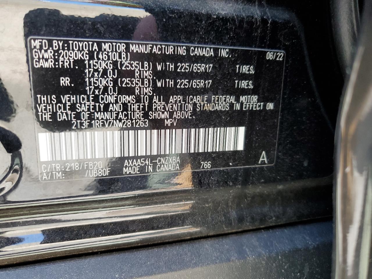 2T3F1RFV7NW281263 2022 Toyota Rav4 Le