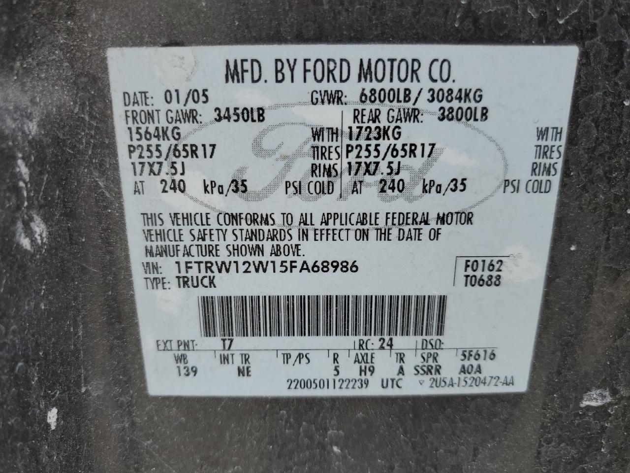 1FTRW12W15FA68986 2005 Ford F150 Supercrew