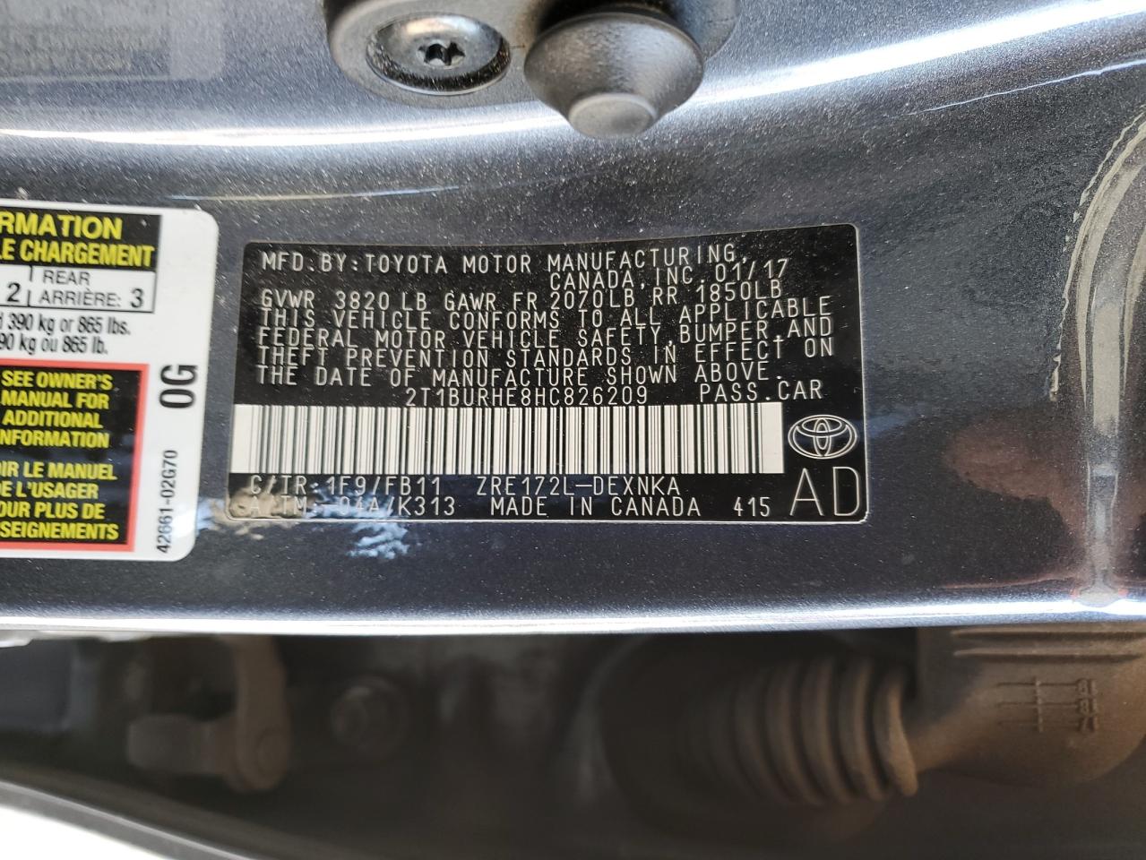 2T1BURHE8HC826209 2017 Toyota Corolla L