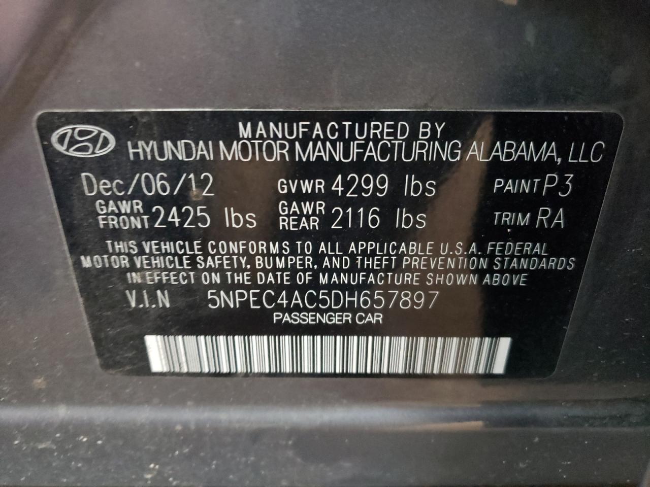 5NPEC4AC5DH657897 2013 Hyundai Sonata Se