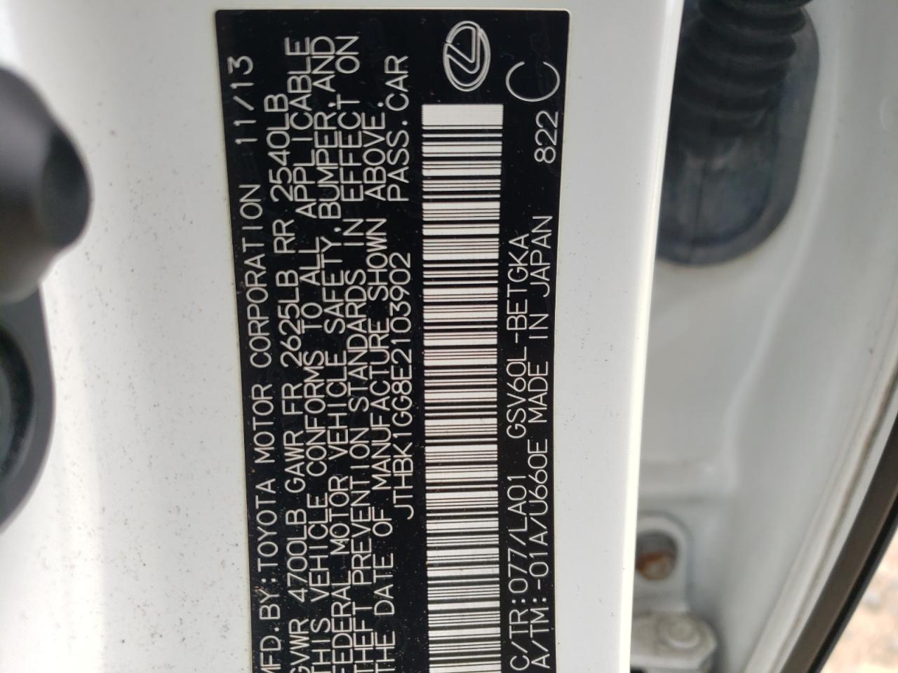 JTHBK1GG8E2103902 2014 Lexus Es 350