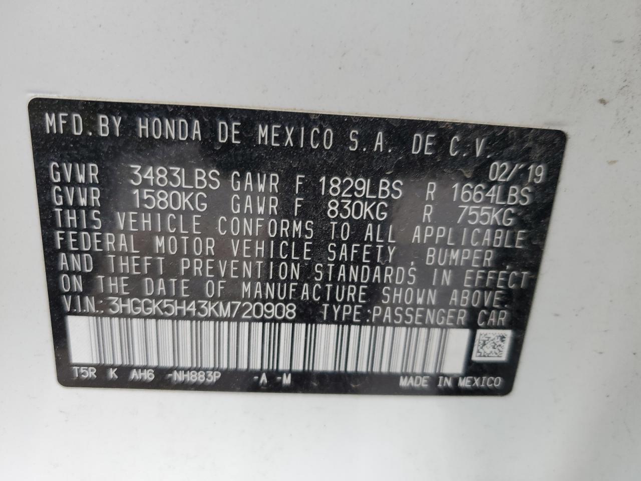 3HGGK5H43KM720908 2019 Honda Fit Lx