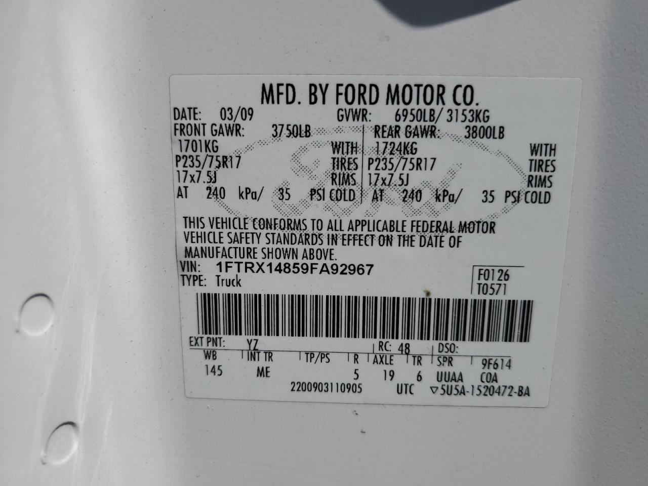 1FTRX14859FA92967 2009 Ford F150 Super Cab