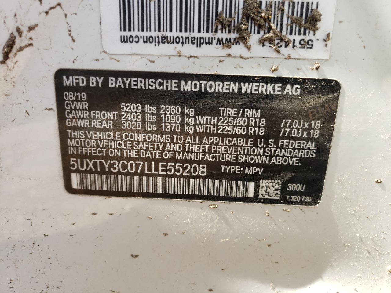 5UXTY3C07LLE55208 2020 BMW X3 Sdrive30I