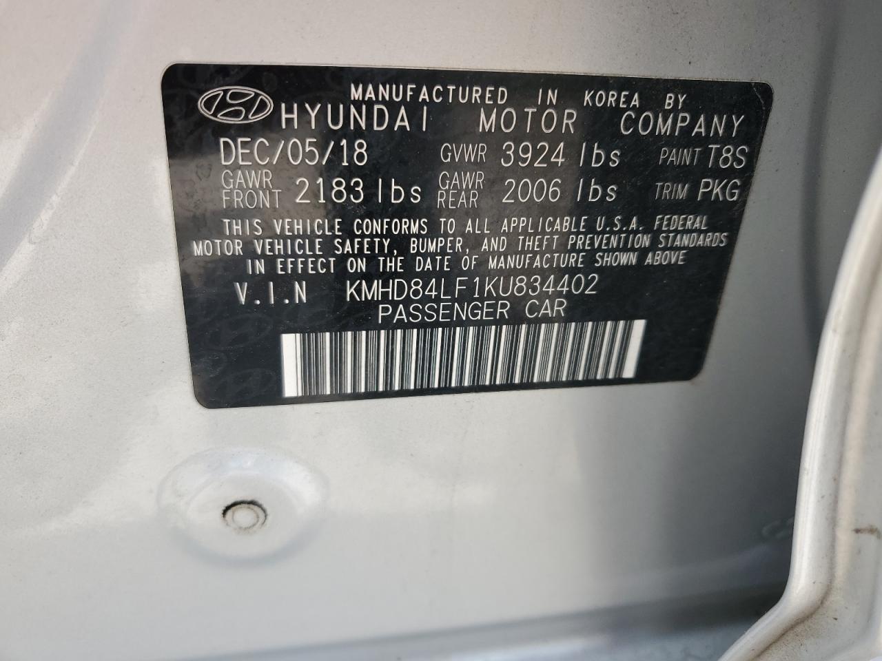 KMHD84LF1KU834402 2019 Hyundai Elantra Sel