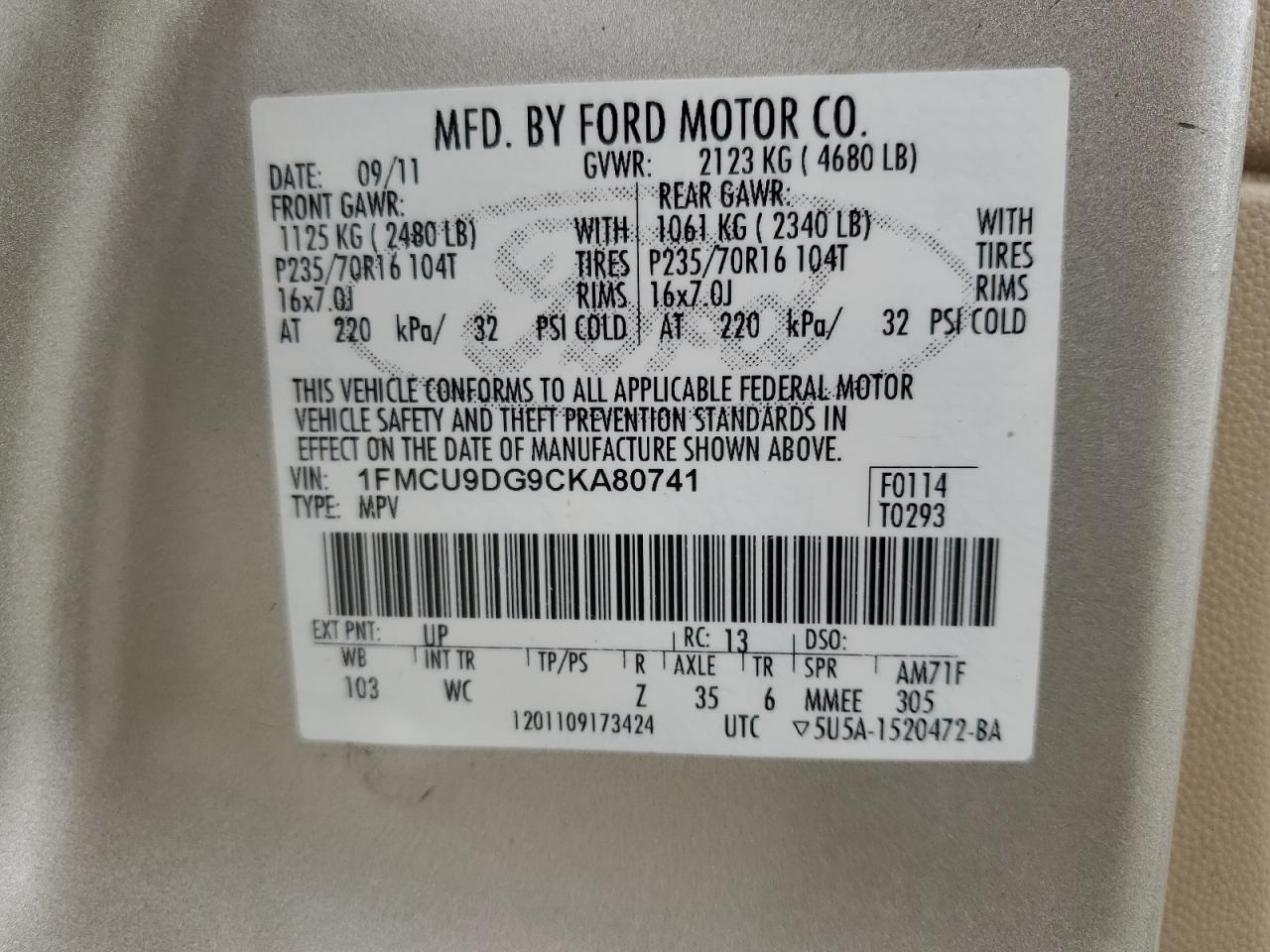 1FMCU9DG9CKA80741 2012 Ford Escape Xlt