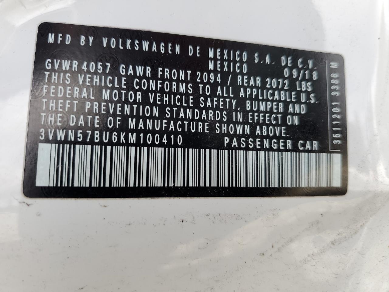 3VWN57BU6KM100410 2019 Volkswagen Jetta S