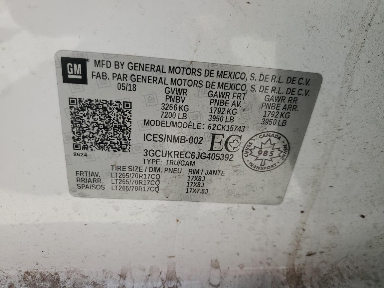 3GCUKREC6JG405392 2018 Chevrolet Silverado K1500 Lt