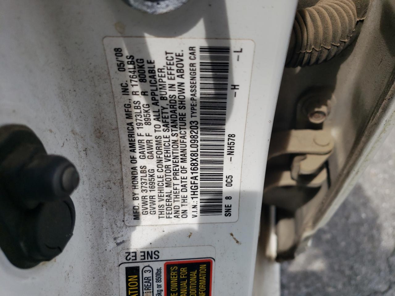 1HGFA168X8L098203 2008 Honda Civic Ex