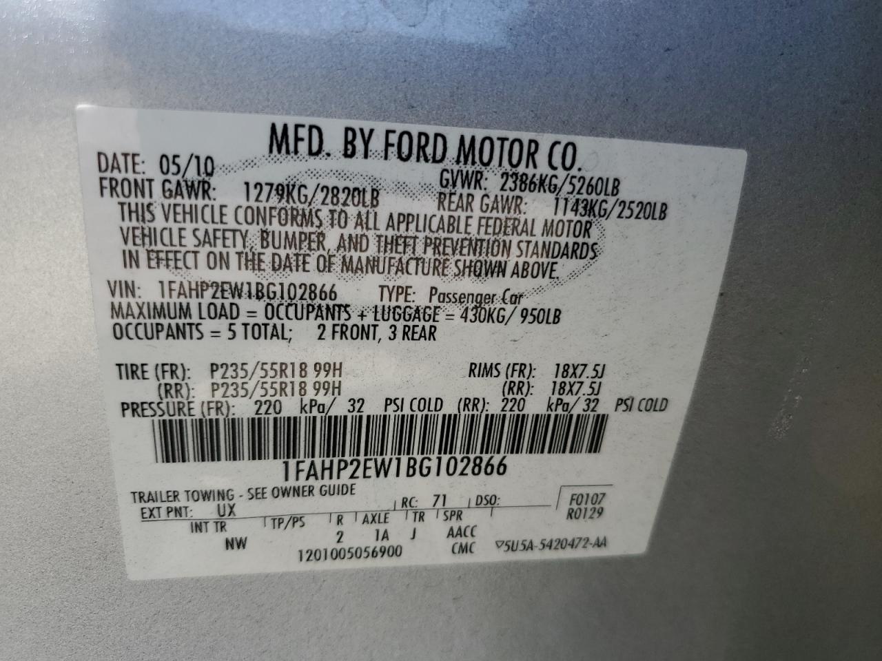 1FAHP2EW1BG102866 2011 Ford Taurus Sel