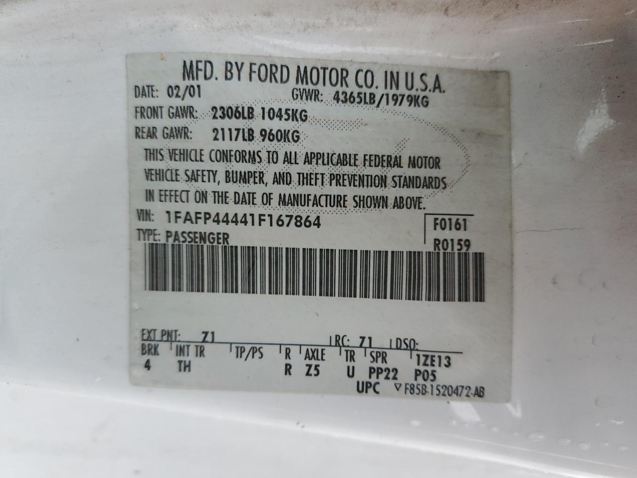 1FAFP44441F167864 2001 Ford Mustang