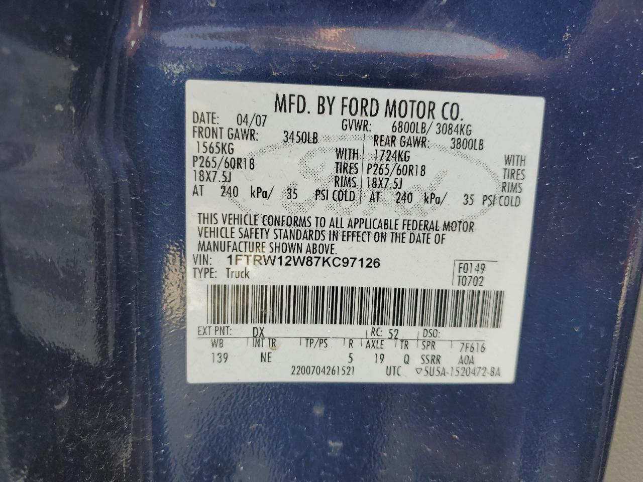 1FTRW12W87KC97126 2007 Ford F150 Supercrew