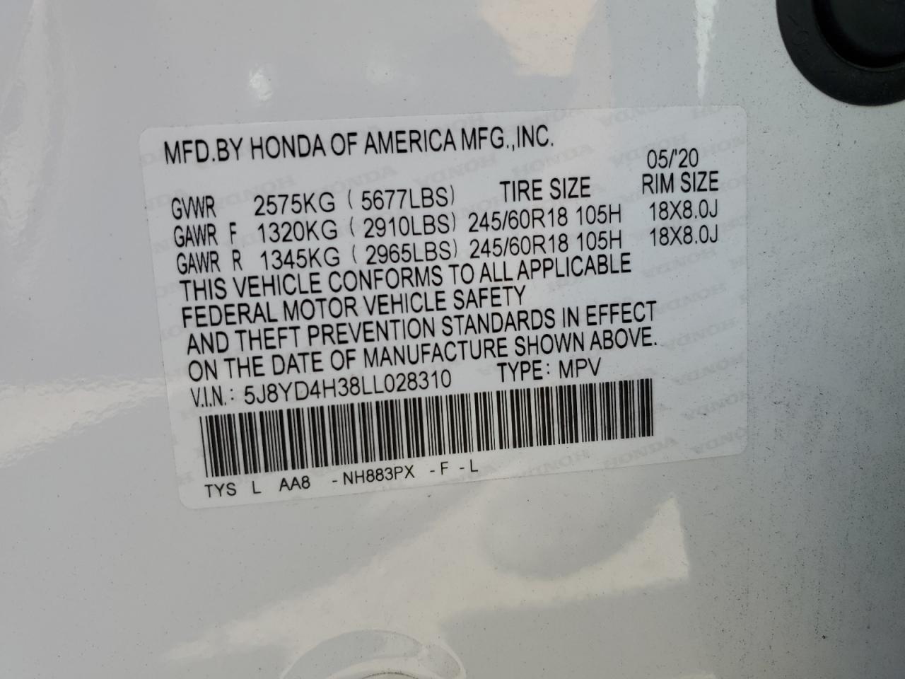 5J8YD4H38LL028310 2020 Acura Mdx