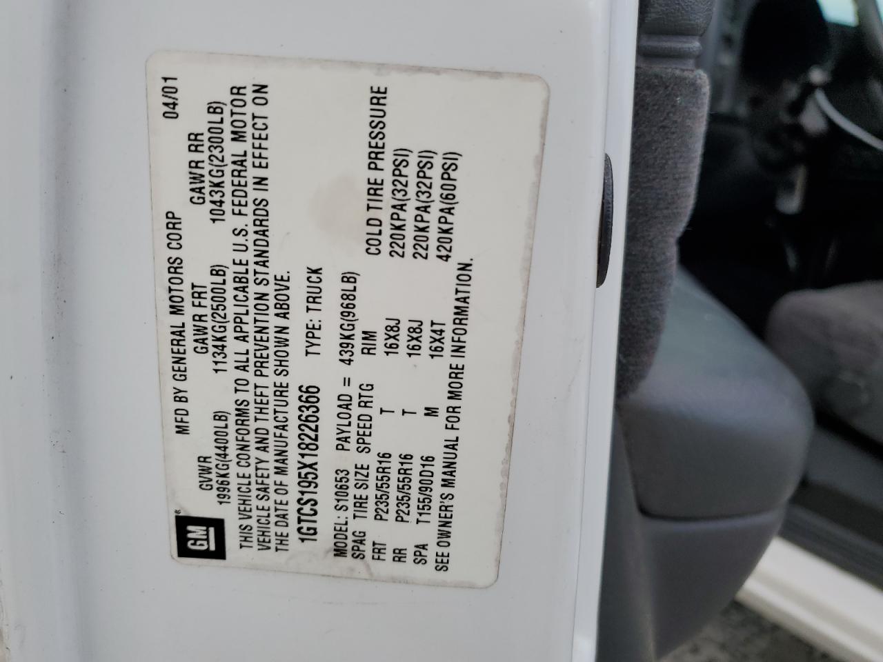 1GTCS195X18226366 2001 GMC Sonoma