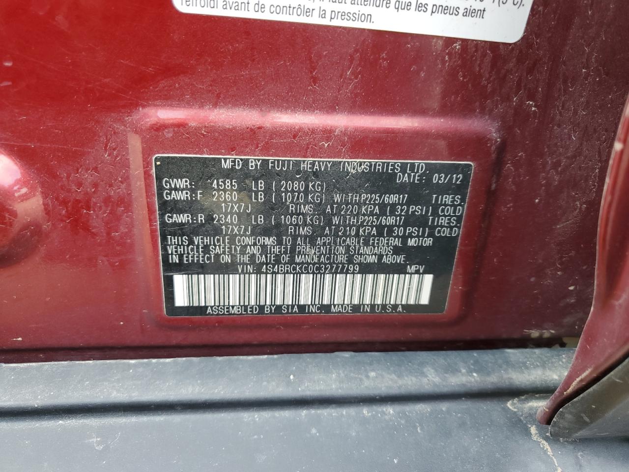 4S4BRCKC0C3277799 2012 Subaru Outback 2.5I Limited