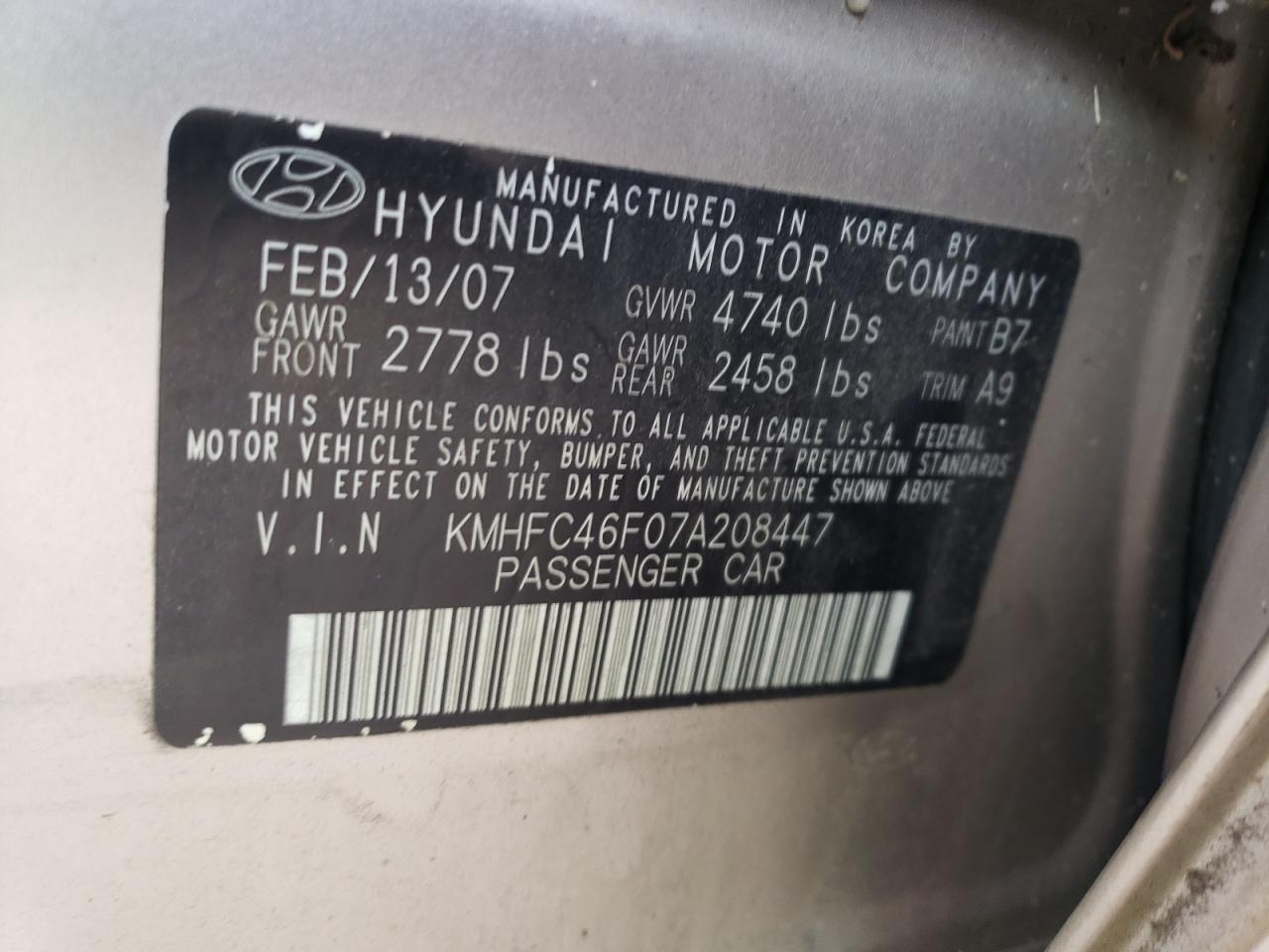 KMHFC46F07A208447 2007 Hyundai Azera Se