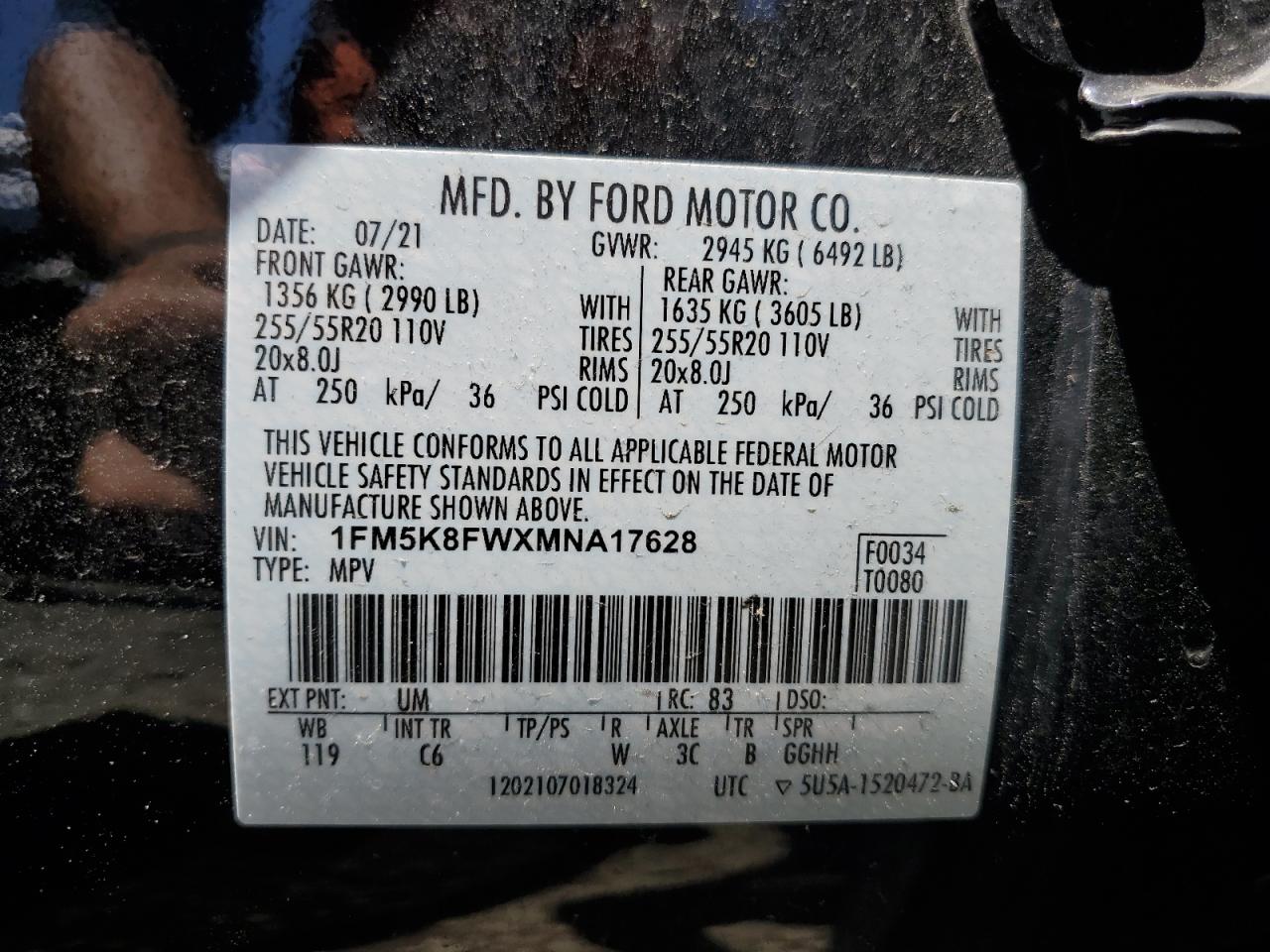 1FM5K8FWXMNA17628 2021 Ford Explorer Limited