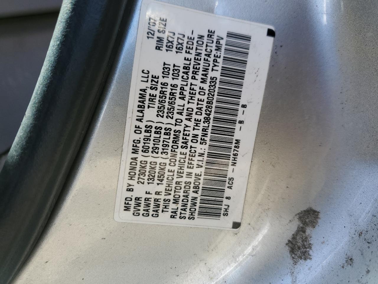 5FNRL38428B020335 2008 Honda Odyssey Ex