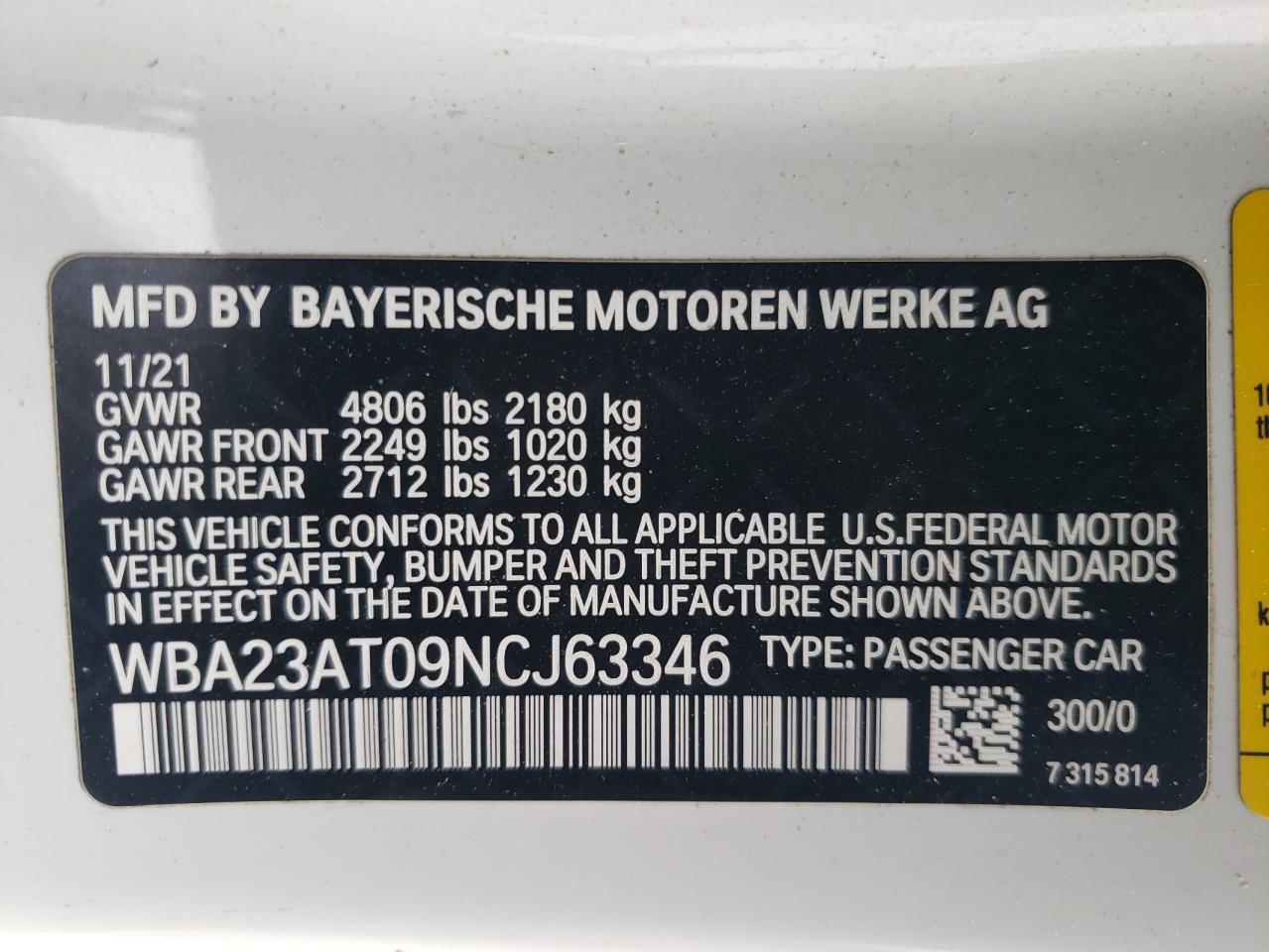 WBA23AT09NCJ63346 2022 BMW 430I