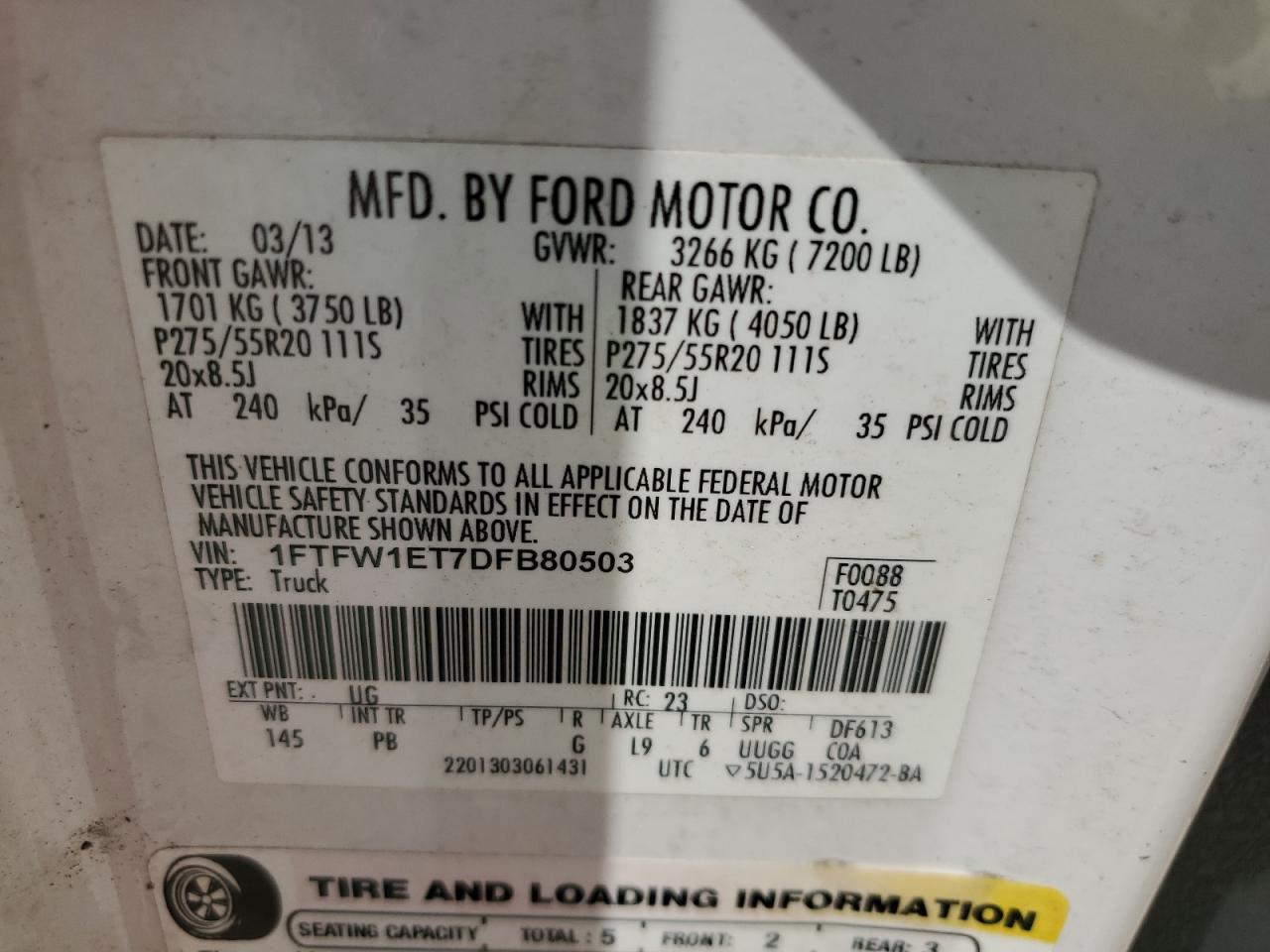 1FTFW1ET7DFB80503 2013 Ford F150 Supercrew