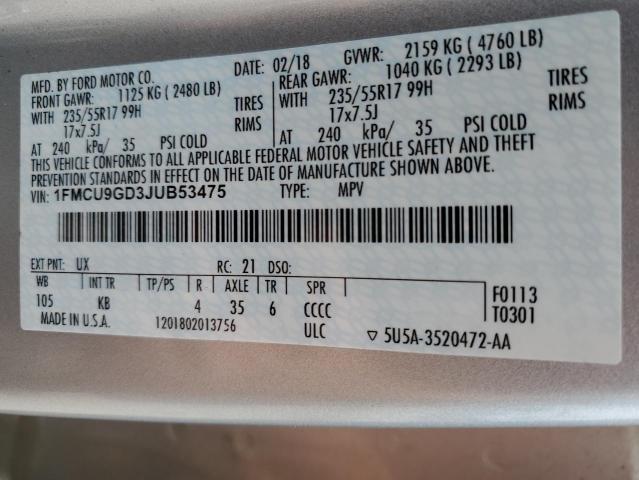 2018 Ford Escape Se VIN: 1FMCU9GD3JUB53475 Lot: 54521844