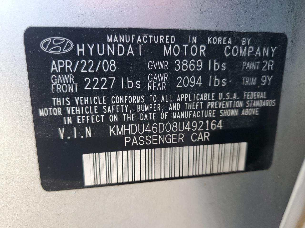 KMHDU46D08U492164 2008 Hyundai Elantra Gls