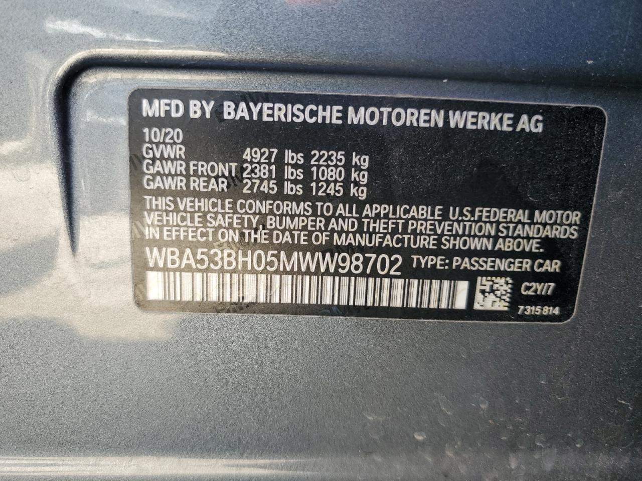 WBA53BH05MWW98702 2021 BMW 530 I