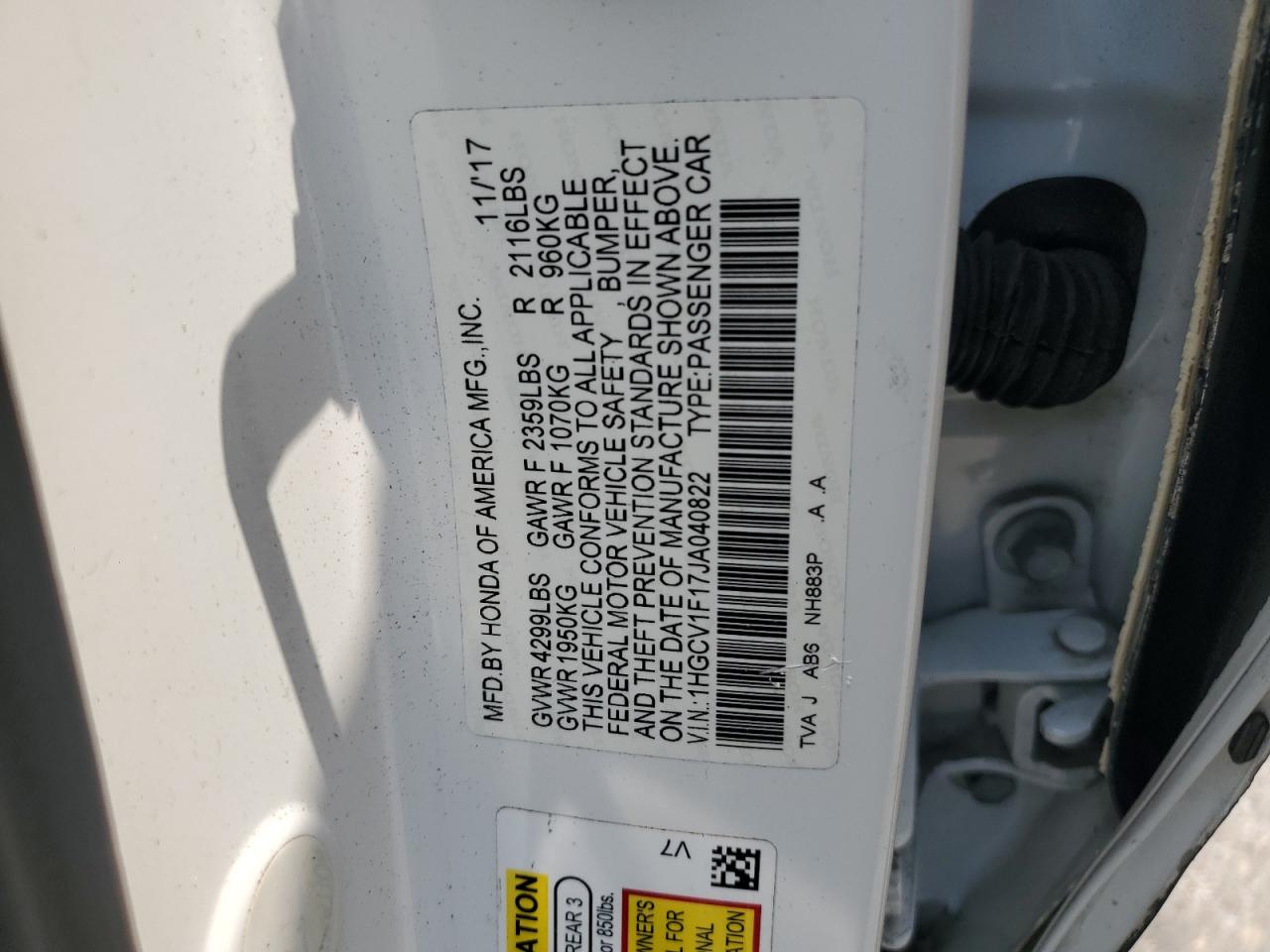 1HGCV1F17JA040822 2018 Honda Accord Lx