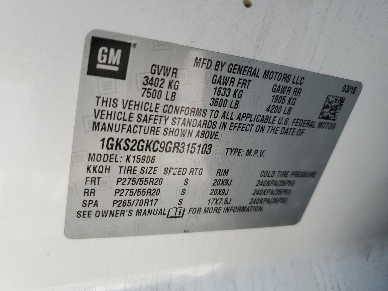 1GKS2GKC9GR315103 2016 GMC Yukon Xl K1500 Slt