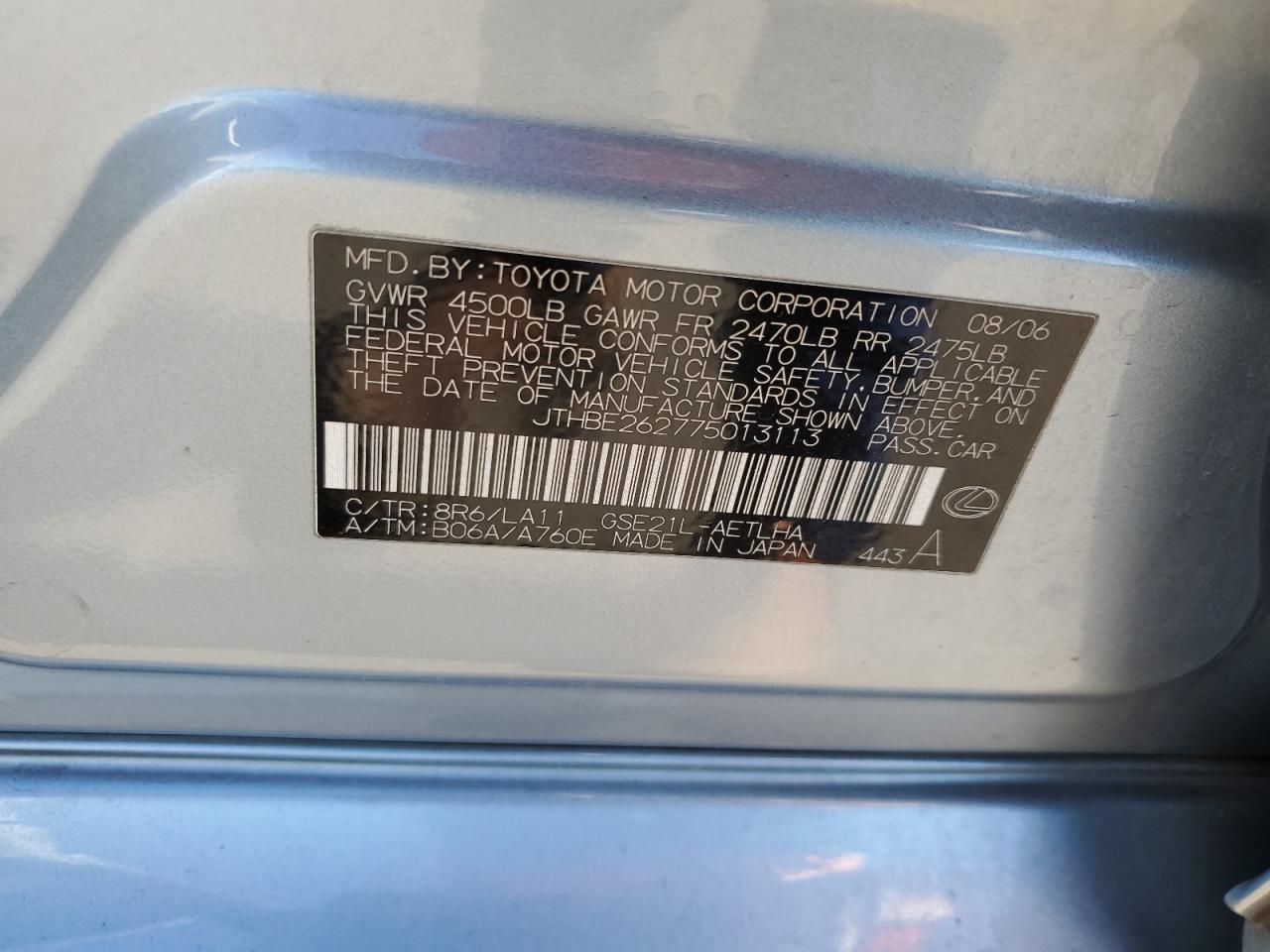 JTHBE262775013113 2007 Lexus Is 350