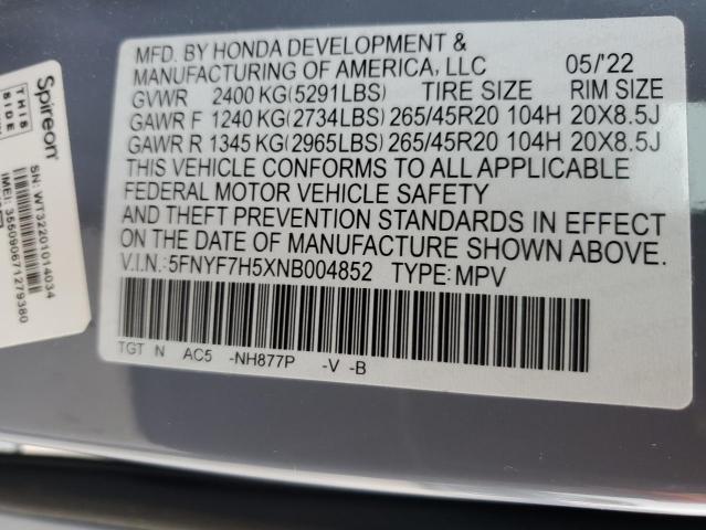 2022 Honda Passport Exl VIN: 5FNYF7H5XNB004852 Lot: 55919134
