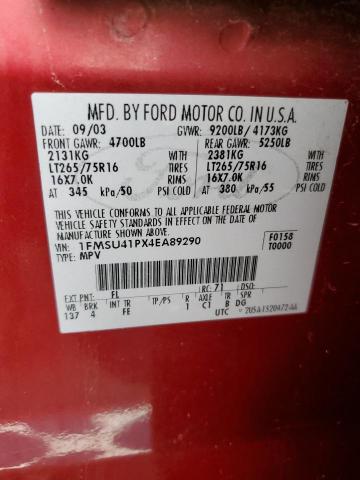 2004 Ford Excursion Xlt VIN: 1FMSU41PX4EA89290 Lot: 53953264