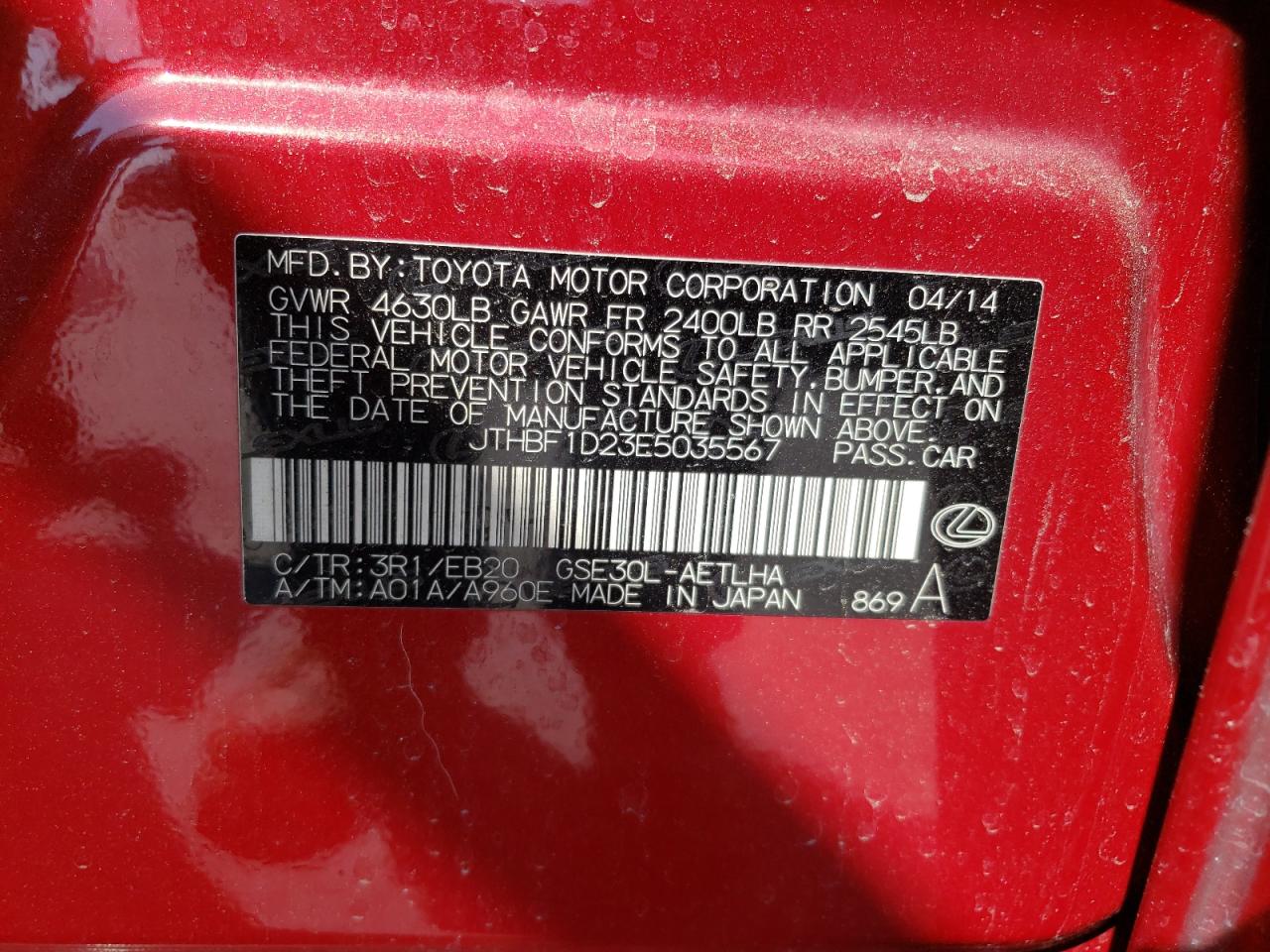 JTHBF1D23E5035567 2014 Lexus Is 250