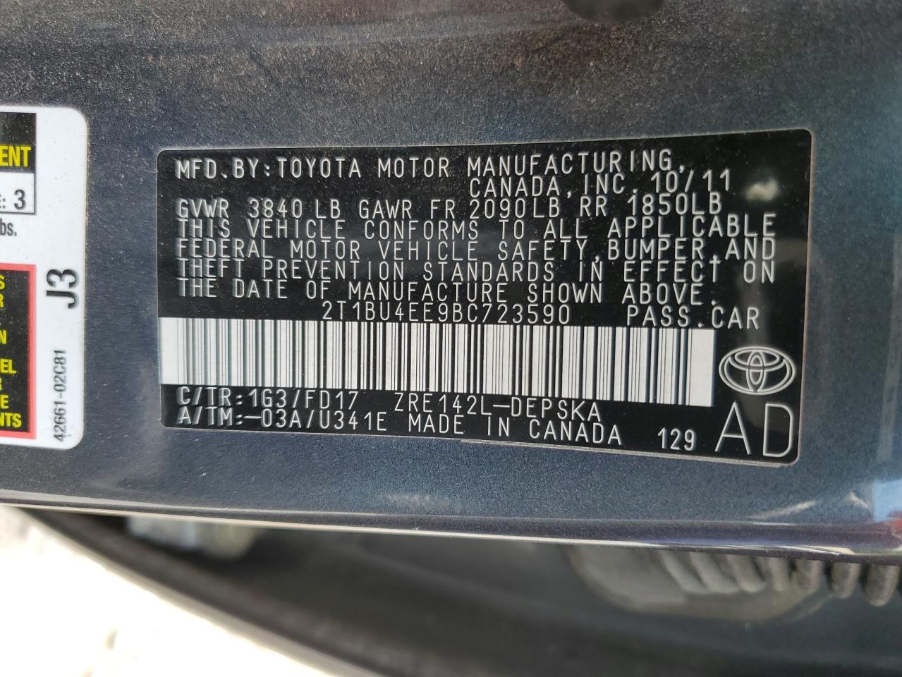 2T1BU4EE9BC723590 2011 Toyota Corolla Base