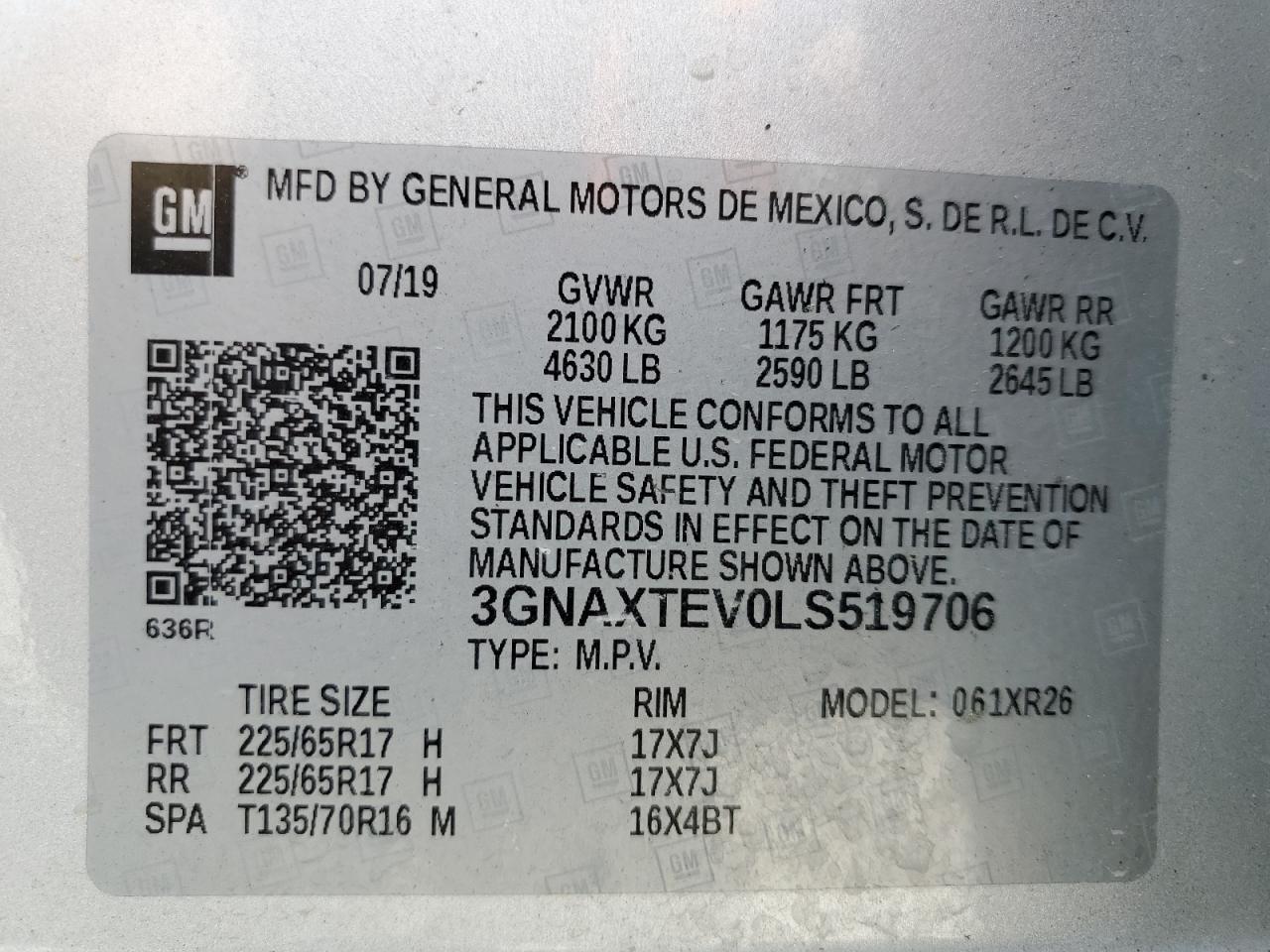 3GNAXTEV0LS519706 2020 Chevrolet Equinox Lt