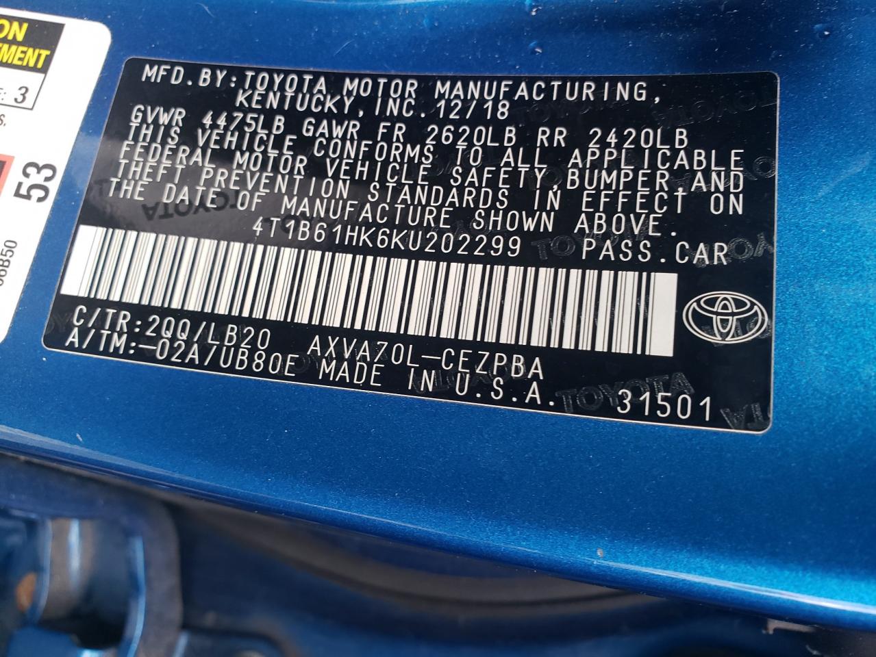 4T1B61HK6KU202299 2019 Toyota Camry Xse