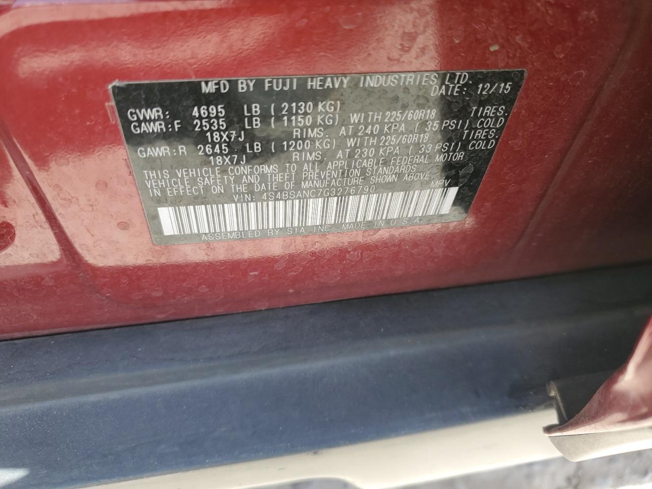 4S4BSANC7G3276790 2016 Subaru Outback 2.5I Limited